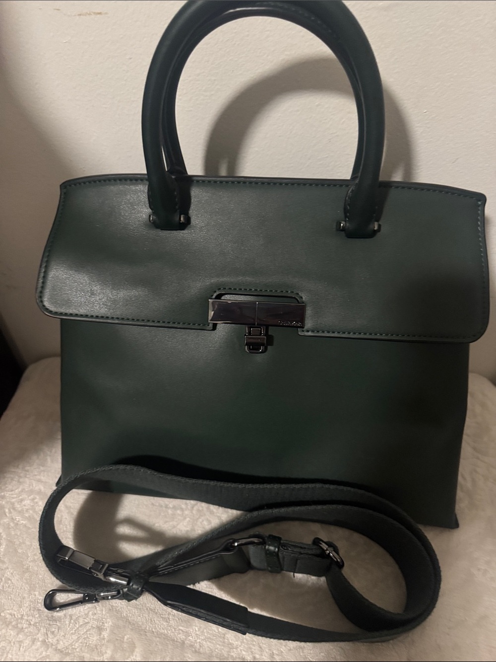 Calvin Klein Dark Green Leather Satchel with Detachable Strap